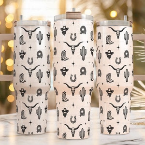 Western Cowboy Tumbler Wrap, 40 oz Stanley tumbler full wrap, Laser engrave tumbler wrap SVG, 40 oz quencher, Texas longhorn mug, cow scull