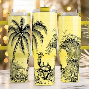 May include: Three yellow stainless steel tumblers with different designs. The first tumbler features a palm tree with coconuts, the second tumbler features a palm tree with a crab, and the third tumbler features a wave with a crab.