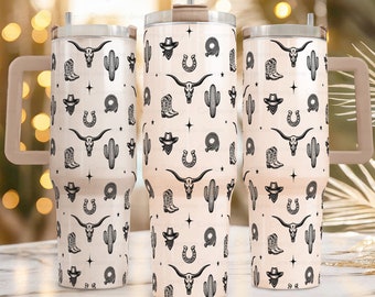 Western Cowboy Tumbler Wrap, 40 oz Stanley tumbler full wrap, Laser engrave tumbler wrap SVG, 40 oz quencher, Texas longhorn mug, cow scull