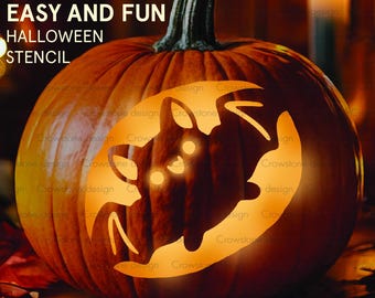 Printable Cute Kawaii Bat Pumpkin Carving Stencil,Halloween Pumpkin Carving Template,Flying Bat Jack-o-Lantern Stencil,Kids halloween crafts