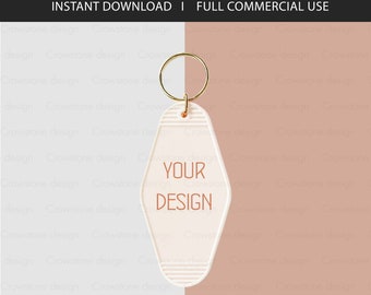 May include: White motel keychain mockup with a gold ring. The keychain is shaped like a hotel room key and has the text "YOUR DESIGN" printed on it.