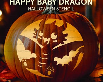 Happy Baby Dragon Halloween Pumpkin Carving Stencil: Printable Jack-o-Lantern Carving Template, cute kawaii kids halloween pumpkin clip art