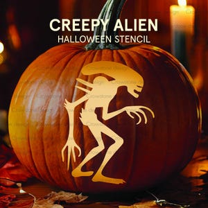 May include: A carved pumpkin with a stencil of a creepy alien design. The pumpkin is orange with a dark green stem. The text "CREEPY ALIEN HALLOWEEN STENCIL" is above the alien design. The background is blurred with fall leaves.