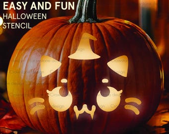 Cute Kawaii Cat Pumpkin Carving Stencil, Printable Halloween Pumpkin Carving Template,Cat face Jack-o-Lantern Stencil, kids halloween crafts