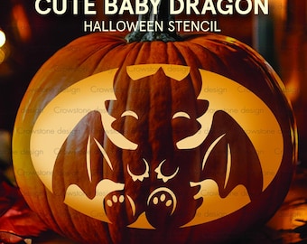 Cute Baby Dragon Halloween Pumpkin Carving Stencil: Printable Jack-o-Lantern Carving Template, cute kawaii kids halloween pumpkin clip art