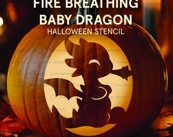 Fire Breathing Baby Dragon Halloween Pumpkin Carving Stencil:Printable Jack-o-Lantern Carving Template,kawaii kids halloween pumpkin clipart