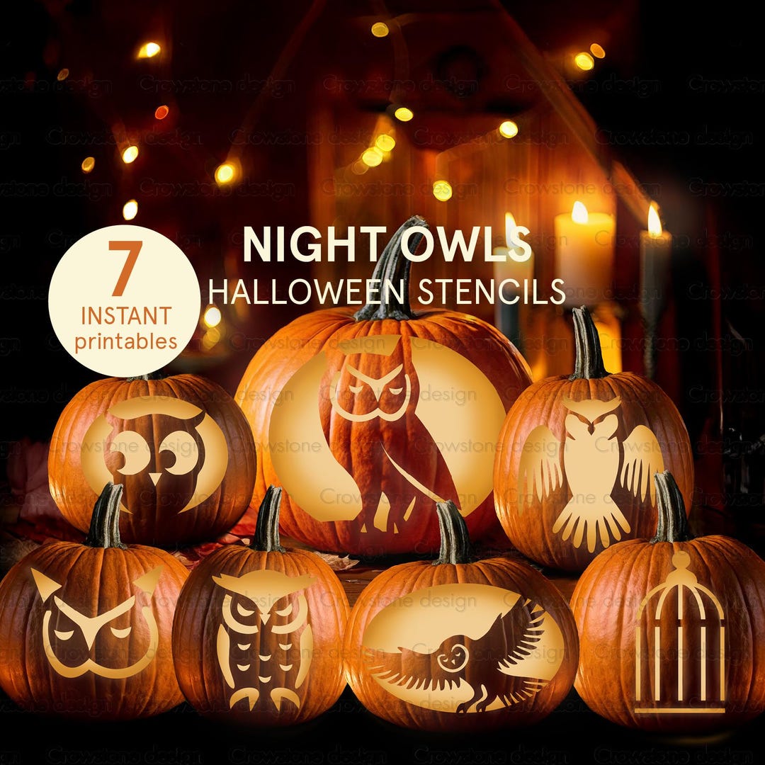 7 Owls Halloween Pumpkin Carving Stencil, Magical Night Pumpkin Clip