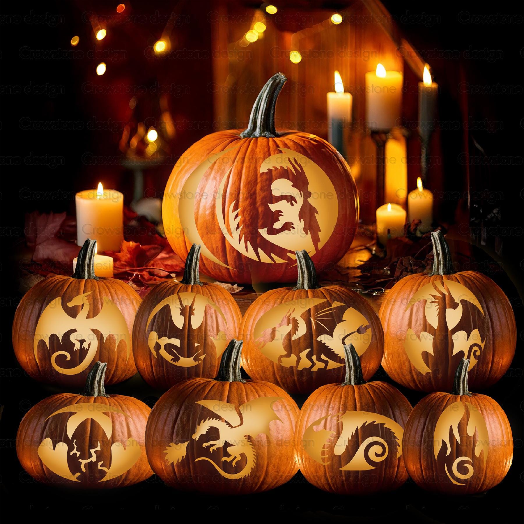 9 Dragons Halloween Pumpkin Carving Stencils,printable Carving