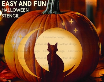 Halloween Cat Sitting on Moon Pumpkin Carving Stencil,Printable Halloween Pumpkin Carving Template,Cat Jack-o-Lantern Stencil,Cat and moon