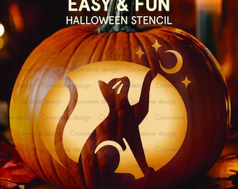 May include: A carved pumpkin with a black cat silhouette reaching for a crescent moon and stars. The pumpkin has the words "EASY & FUN HALLOWEEN STENCIL" in white. The pumpkin is orange with a green stem.