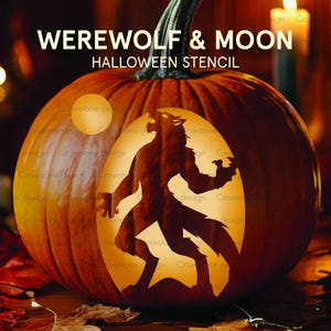 May include: A carved pumpkin with a werewolf and moon stencil. The pumpkin is orange with a dark brown werewolf silhouette inside a moon shape. The text "WEREWOLF & MOON HALLOWEEN STENCIL" is at the top.
