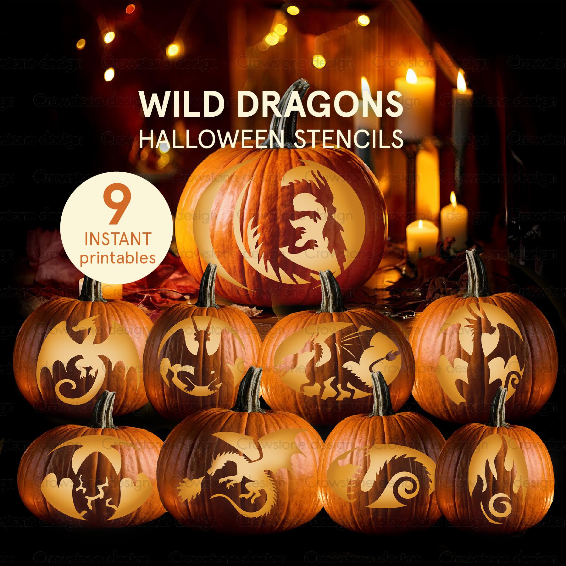9匹のドラゴンのハロウィンかぼちゃ彫刻ステンシル、印刷可能な彫刻テンプレート、ジャック・オー・ランタンのステンシル、子供向けの工作、ハロウィンのクリップアート、不気味な装飾  - Etsy 日本, image size:1800x1800