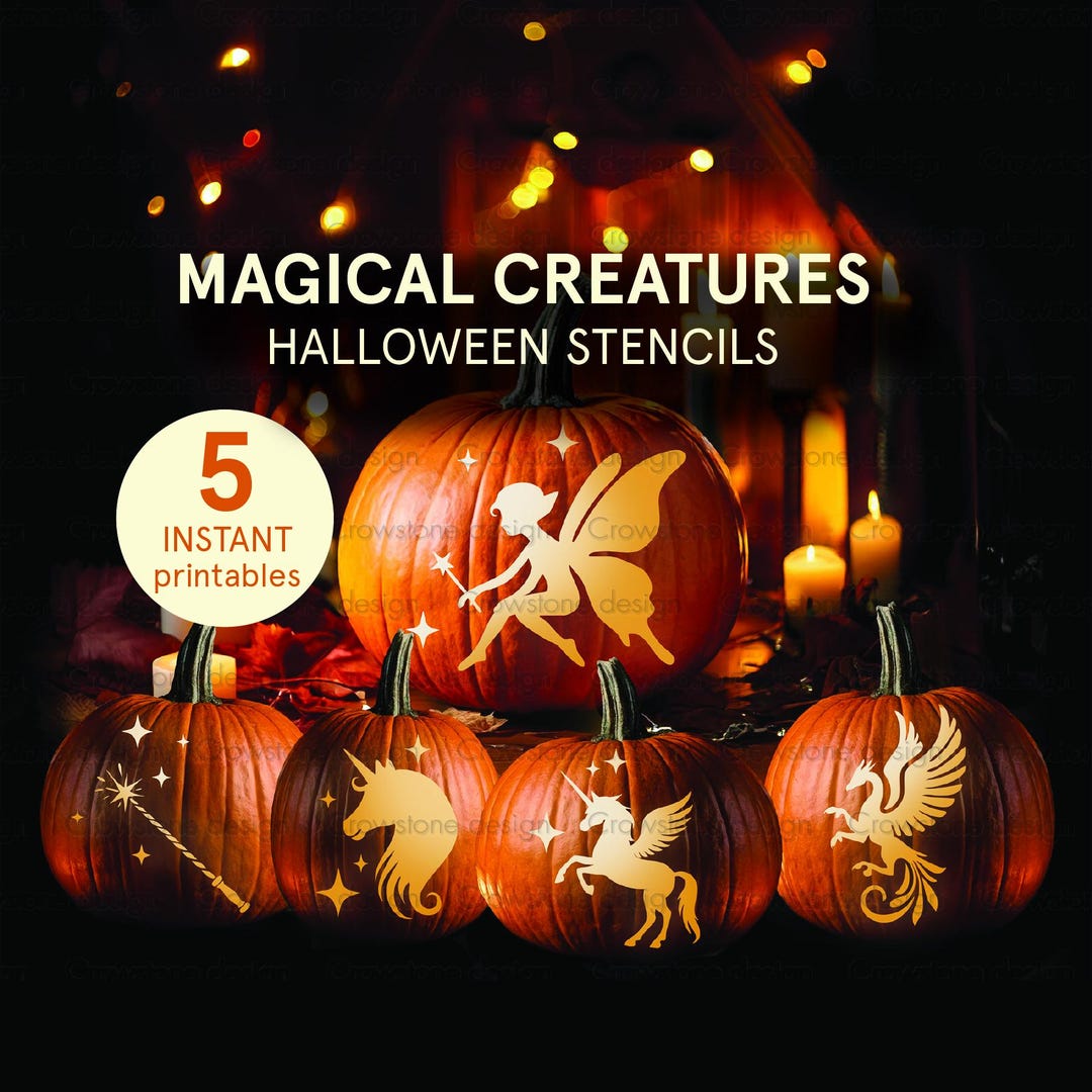 Bundle of 5 Magical Halloween Pumpkin Carving Stencils, Enchanted