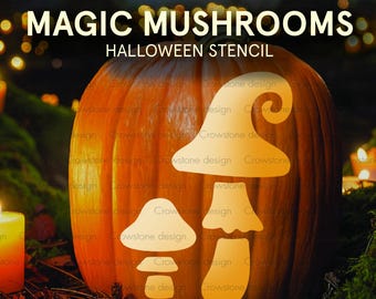 Magic Mushrooms Halloween Pumpkin Carving Stencil,Enchanted Forest Fall Pumpkin Clip art, Fairytale Elves Jack-o-Lantern printable template