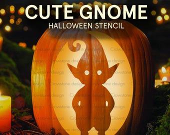 Cute Gnome Magic Halloween Pumpkin Carving Stencil, Enchanted Forest Fall Pumpkin Clip art, Fairytale Elf Jack-o-Lantern printable template