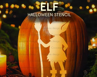 Elf Magic Halloween Pumpkin Carving Stencil, Enchanted Forest Fall Pumpkin Clip art, Kids Fairytale Gnomes Jack-o-Lantern printable template