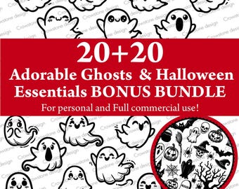 May include: A set of 40 black and white digital clip art images featuring adorable ghosts and Halloween essentials. The images include ghosts with different expressions, a witch's hat, a pumpkin, a spider web, a skull, a bat, a cauldron, a broom, and a tombstone. The text "20+20 Adorable Ghosts & Halloween Essentials BONUS BUNDLE" is displayed in red at the top of the image. The text "For personal and Full commercial use!" is displayed in black below the title. The image also includes the file formats SVG, EPS, PNG, DXF, and JPG.