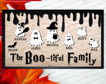 ハロウィンファミリーサインSVG、ハロウィンギフト、ハロウィンドアデコレーション、かわいいゴーストSVG、ハロウィンサインSVG、ゴーストSVG、ハロウィンレーザーカットファイル