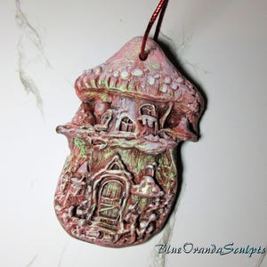 Miniature reddish brown with green highlights miniature mushroom house ornament - Enchanted Woodland Fairy Decor, Handmade Fantasy Art