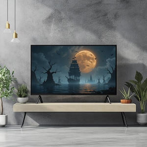 Moonlit Ghost Ship at Sea - Nautical Fantasy Art for Samsung Frame TV - Ocean Dreamscape Digital Download - Mysterious Ship Wall Decor