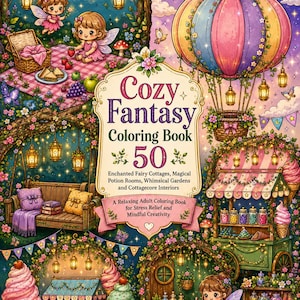 May include: A coloring book titled Cozy Fantasy Coloring Book 50 featuring a collage of illustrations including fairies, a hot air balloon, a food cart, and a cottage interior. The cover displays text and colorful fantasy scenes with lanterns.