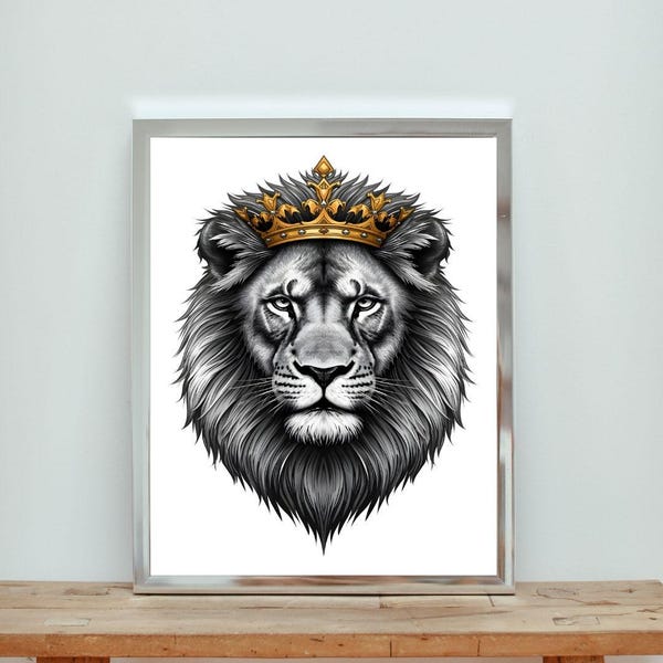 Lion with Golden Crown Art Print, Royal Animal Decor (Digital Download)
