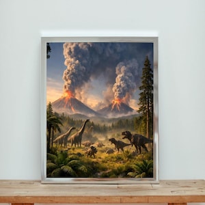May include: A framed print depicting a prehistoric scene with dinosaurs and erupting volcanoes. The artwork features a variety of dinosaurs in a lush, green landscape with palm trees and dense foliage. Two volcanoes spew smoke and lava into the sky.
