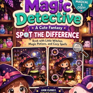 Op de afbeelding: Een boekomslag getiteld Kawaii Magic Detective A Cute Fantasy Spot The Difference. De omslag bevat illustraties van kleine heksen, toverdrankjes, gezellige spreuken, een zwarte kat en een konijn, met de tekst Look Closely Find The Magic.