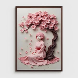 Anime Wall Art Download - Girl in Kimono under Cherry Blossom Tree - Printable Japanese Artwork