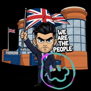 May include: Cartoon illustration of a man in a suit holding a Union Jack flag, with a stadium in the background. The text "WE ARE THE PEOPLE" is visible. The image has a black background and a colorful graphic.