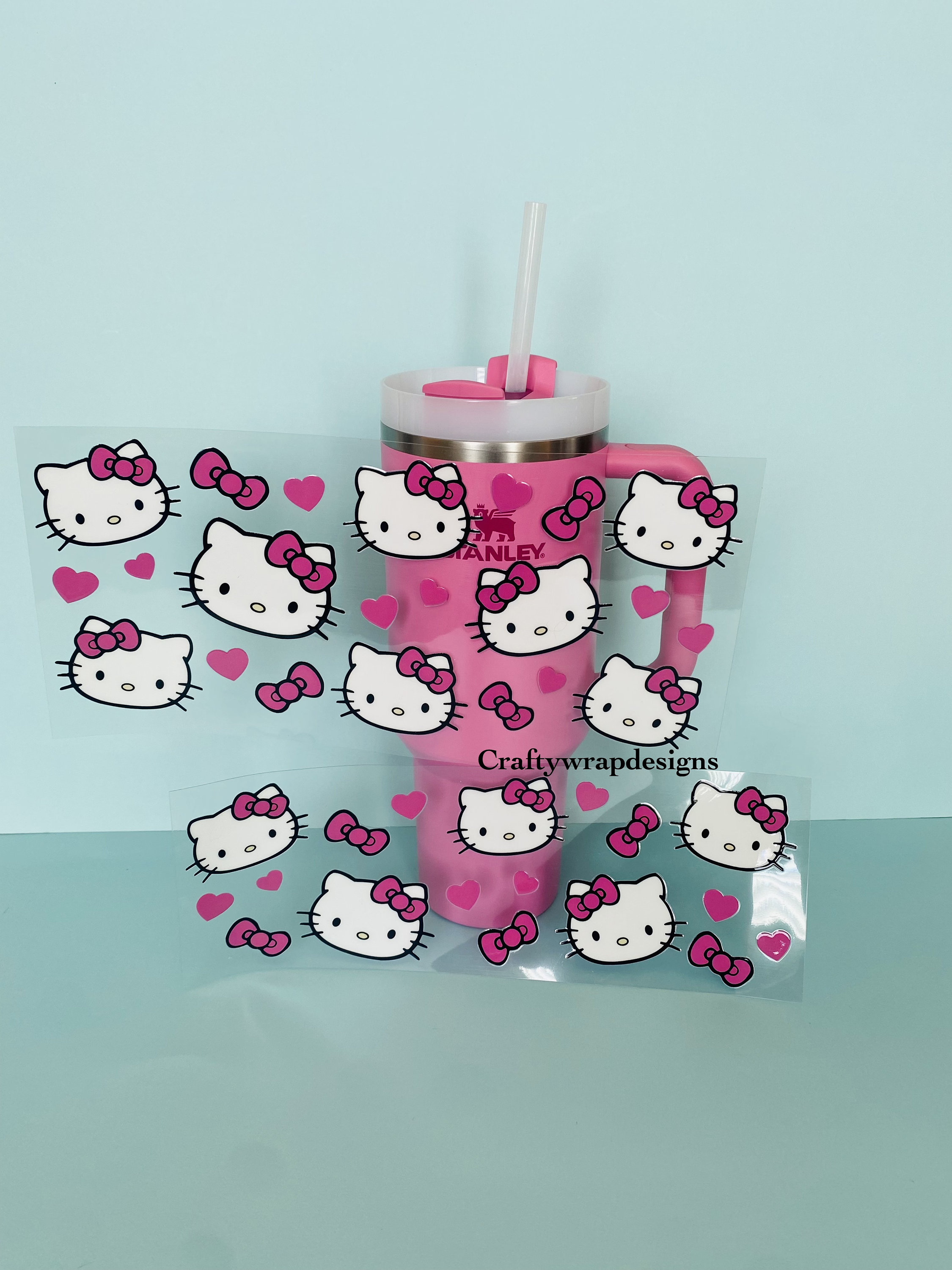 Two piece uv dtf wrap 40 oz tumbler wrap, pink bow coquette kitty wrap, ready to ship uv dtf, tumbler permanent sticker, kitty stickers