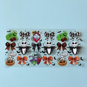 May include: A sheet of stickers featuring characters and elements from "The Nightmare Before Christmas." Includes Jack Skellington, Sally, Oogie Boogie, bows, pumpkins, and bats. The background is a light blue.