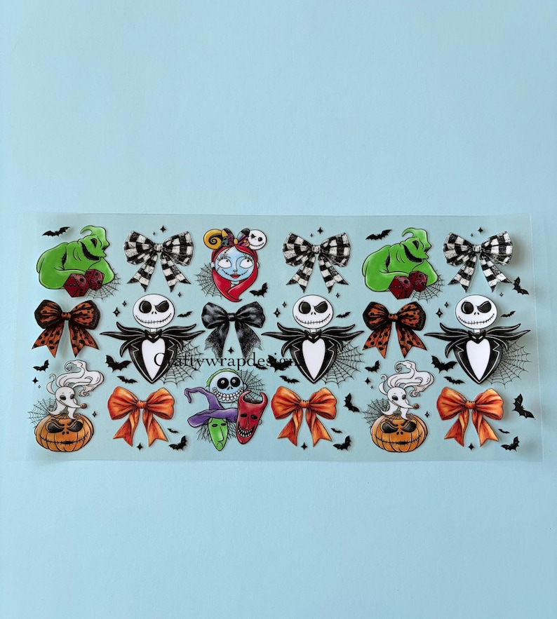 May include: A sheet of stickers featuring characters and elements from "The Nightmare Before Christmas." Includes Jack Skellington, Sally, Oogie Boogie, bows, pumpkins, and bats. The background is a light blue.