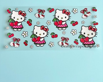 May include: A clear sheet featuring multiple Hello Kitty characters holding cherries, with red bows and pink polka-dot dresses. Scattered around are cherries and white flowers, all set against a light blue background. The text "Craftywrapdesigns" is visible.