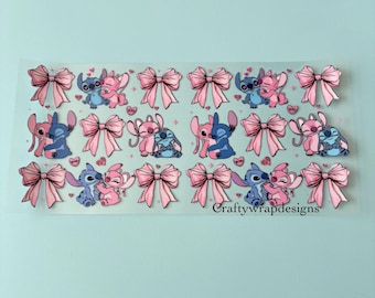 May include: A sheet of stickers featuring the characters Stitch and Angel in various poses, with pink bows and hearts. The characters are in shades of blue and pink. The text "Craftywrapdesigns" is visible.