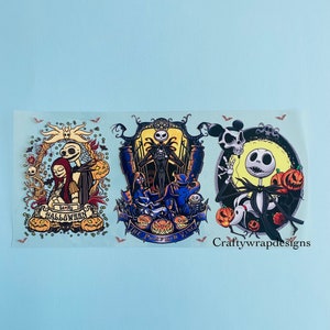 May include: Three colorful graphic designs featuring characters from The Nightmare Before Christmas. The designs include Jack Skellington, Sally, and other characters, with text that reads "Happy Halloween" and "The Pumpkin King". The designs are on a light blue background.
