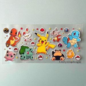 May include: A sheet of clear vinyl with colorful cartoon images of Pokemon characters, including Pikachu, Bulbasaur, Charmander, Squirtle, and more. The characters are surrounded by red stars and Poke Balls.