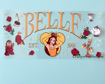 uv dtf cup wrap princess belle, uvdtf transfers, uvdtf permanent sticker, ships fast