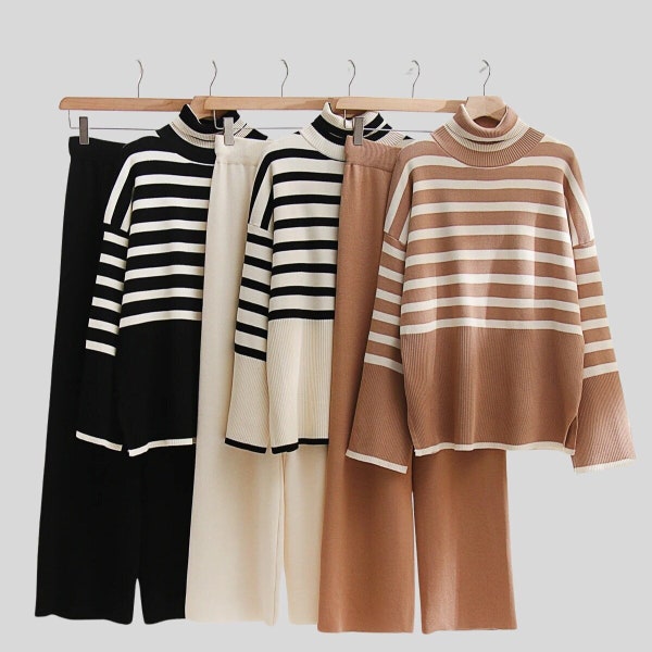 Knit Two Piece Set for women Striped Sweater  Matching Set Women's 2PCSWinter Outfit  Women's Clothing Set,Urban Outfit,Wool Suit