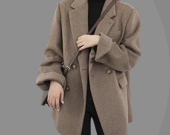 Women's Wool Blend Thick Warm Overcoat ,Woolen long  Blazer ,Mid-Length Coat for Autumn/Winter, Single Button Office Lady Tops