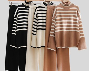 Knit Two Piece Set for women Striped Sweater  Matching Set Women's 2PCSWinter Outfit  Women's Clothing Set,Urban Outfit,Wool Suit