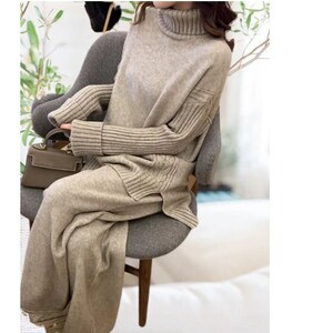 Women Knitted High Waisted Two Pieces Set. Sweater pant Autumn Winter Outfit. Wide Leg Jogging Pant High Collar Knitted Pullover tracksuit. image 1