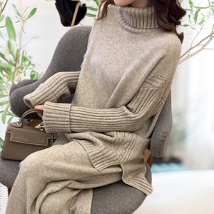Women Knitted High Waisted Two Pieces Set. Sweater pant Autumn Winter Outfit. Wide Leg Jogging Pant High Collar Knitted Pullover tracksuit. Oatmeal