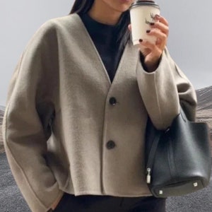 Women Casual Warm Short Coat ,loose Long Sleeves Short  with a V Neck , Autumn Winter Female Fashion jacket