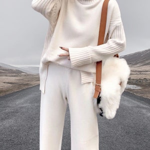 Women Knitted High Waisted Two Pieces Set. Sweater pant Autumn Winter Outfit. Wide Leg Jogging Pant High Collar Knitted Pullover tracksuit. Beige