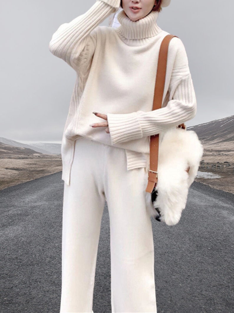 Women Knitted High Waisted Two Pieces Set. Sweater pant Autumn Winter Outfit. Wide Leg Jogging Pant High Collar Knitted Pullover tracksuit. Beige