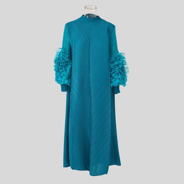 Pleated Ruffles Mesh Dress party cocktail dress Maxi Pleated Printed Dress Women's O-neck Ruffles dress Full Sleeve spring /summer dress