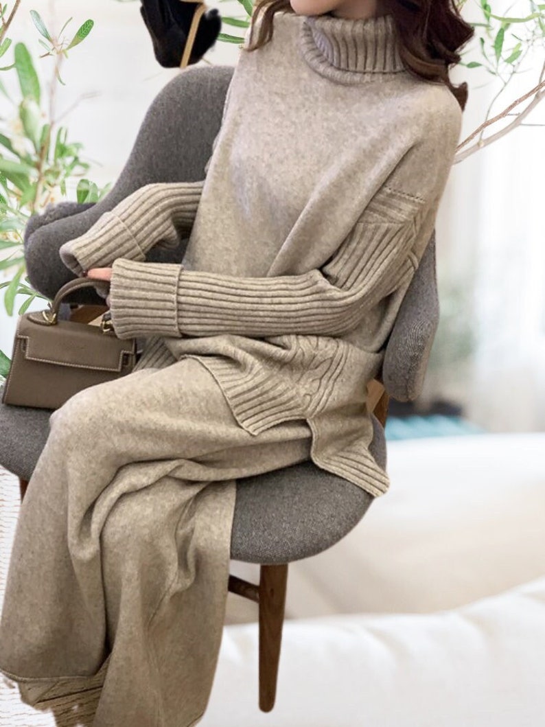 Women Knitted High Waisted Two Pieces Set. Sweater pant Autumn Winter Outfit. Wide Leg Jogging Pant High Collar Knitted Pullover tracksuit. Oatmeal