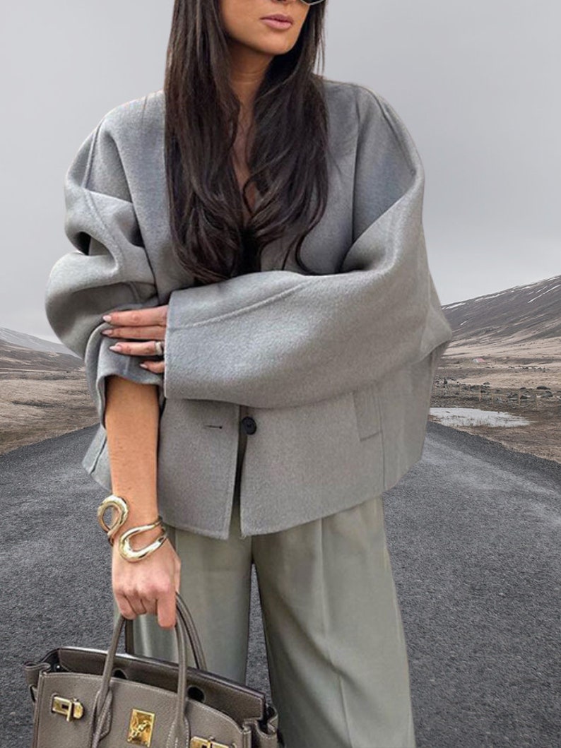 Women Casual Warm Short Coat ,loose Long Sleeves Short with a V Neck , Autumn Winter Female Fashion jacket image 6