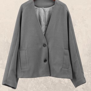 Frauen Lässige Warme Kurzmantel, lockere Lange Ärmel Kurz mit V-Ausschnitt, Herbst-Winter-weibliche Modejacke gray